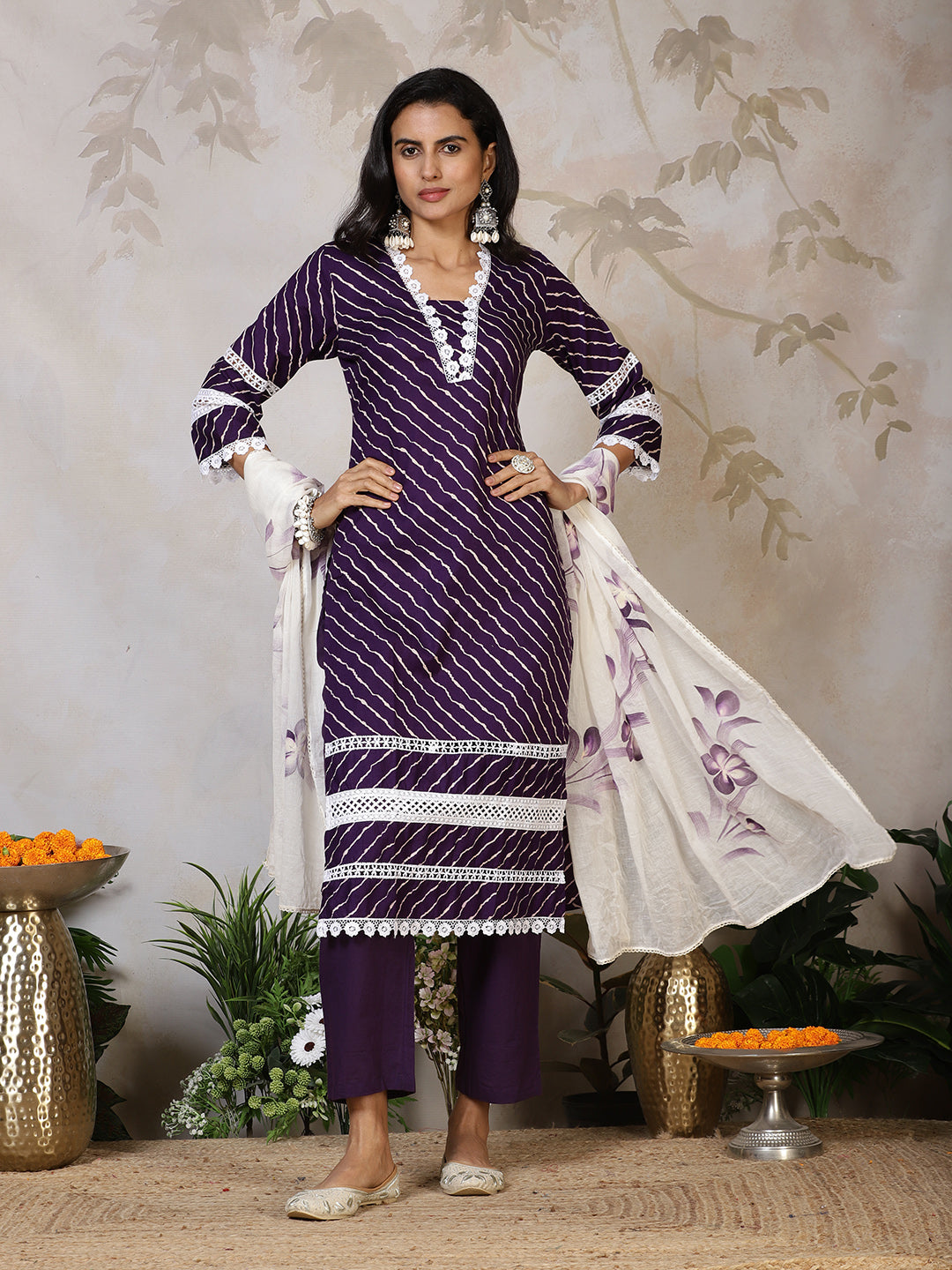 Printed Cotton Blend Kurta With Pants & Dupatta