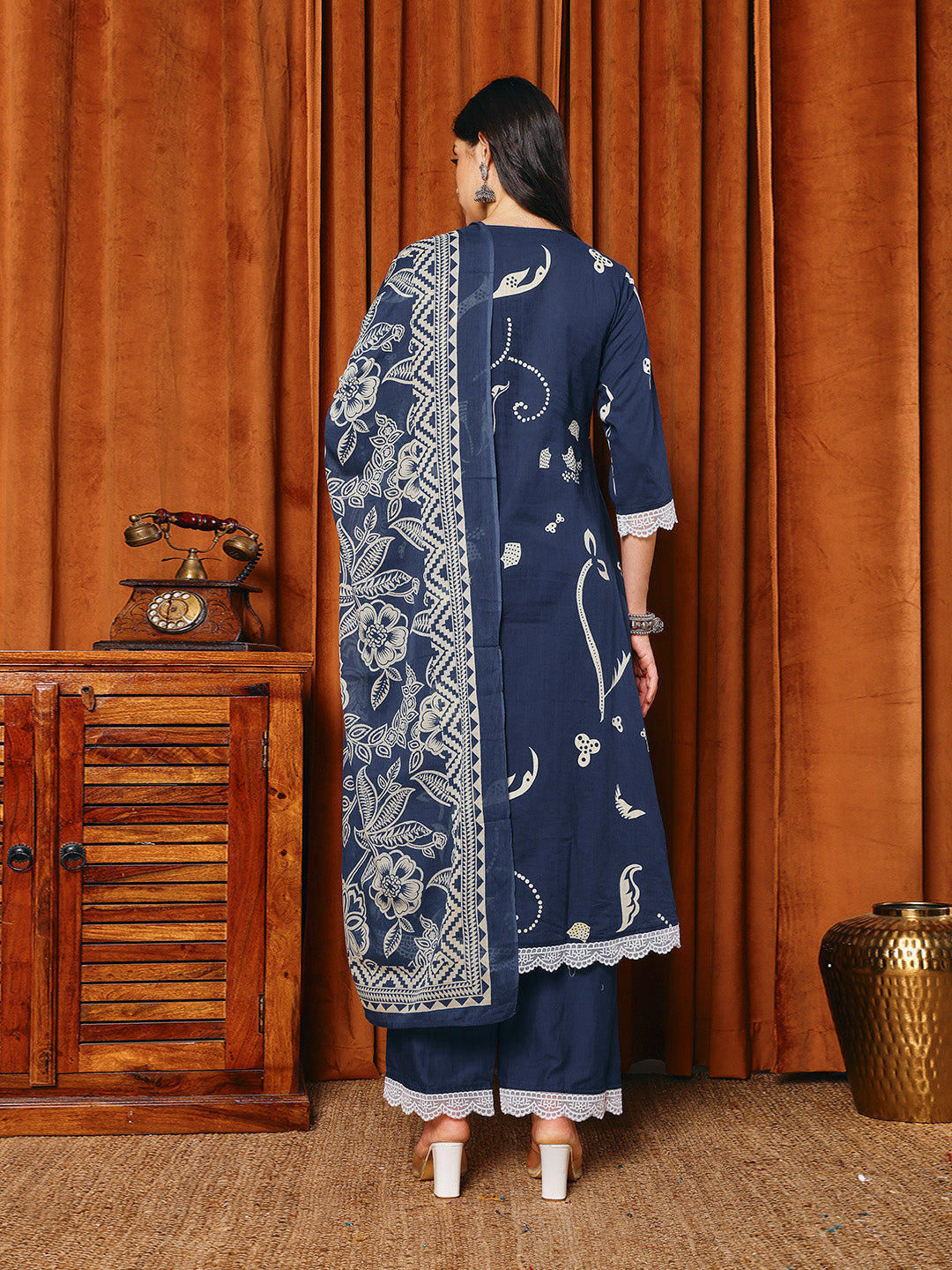 Printed Cotton Blend Kurta With Pants &amp; Dupatta