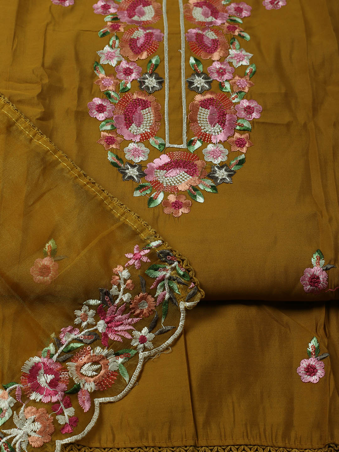 Embroidered Chanderi Unstitched Suit With Pant &amp; Dupatta