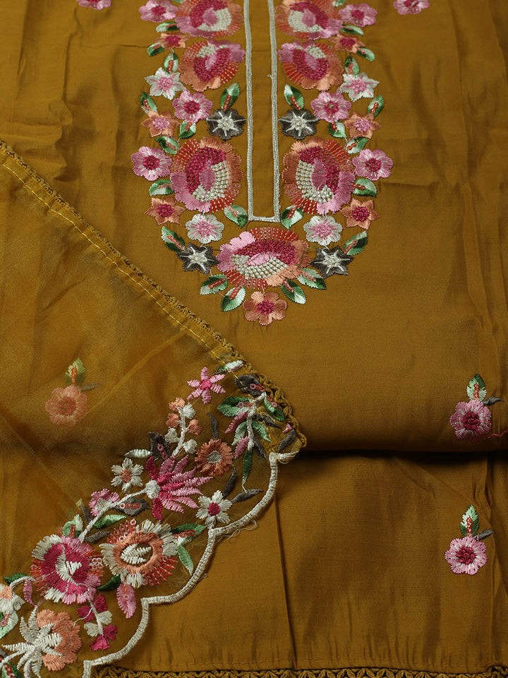 Embroidered Chanderi Unstitched Suit With Pant &amp; Dupatta
