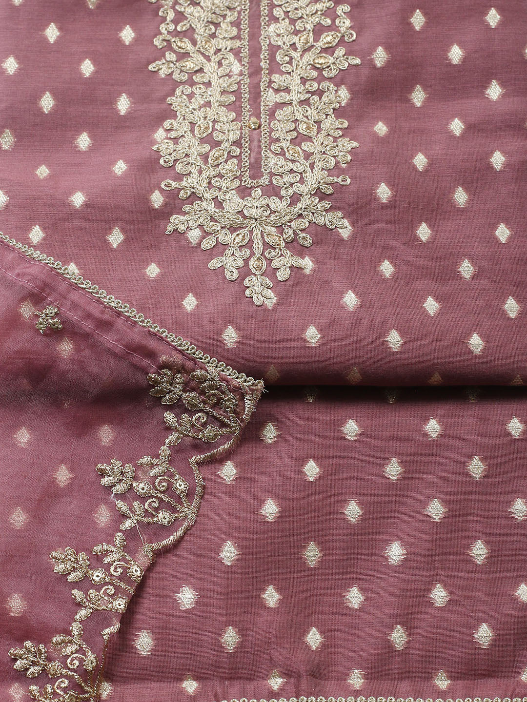 Embroidered Chanderi Unstitched Suit With Pant &amp; Dupatta