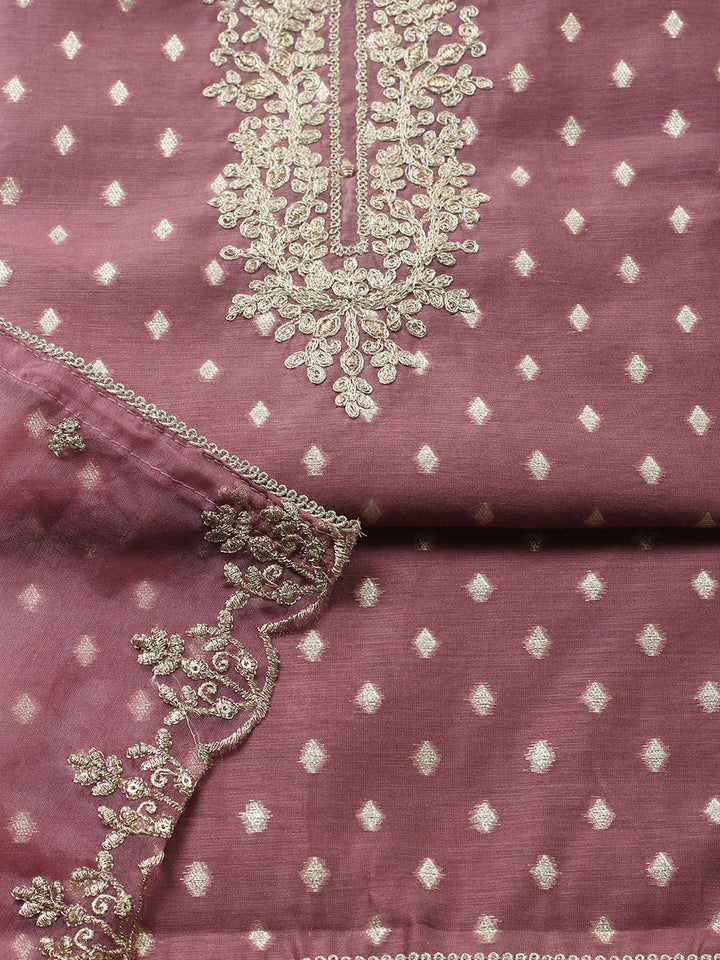 Embroidered Chanderi Unstitched Suit With Pant &amp; Dupatta