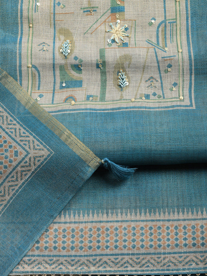 Printed Linen Blend Unstitched Suit With Pant &amp; Dupatta