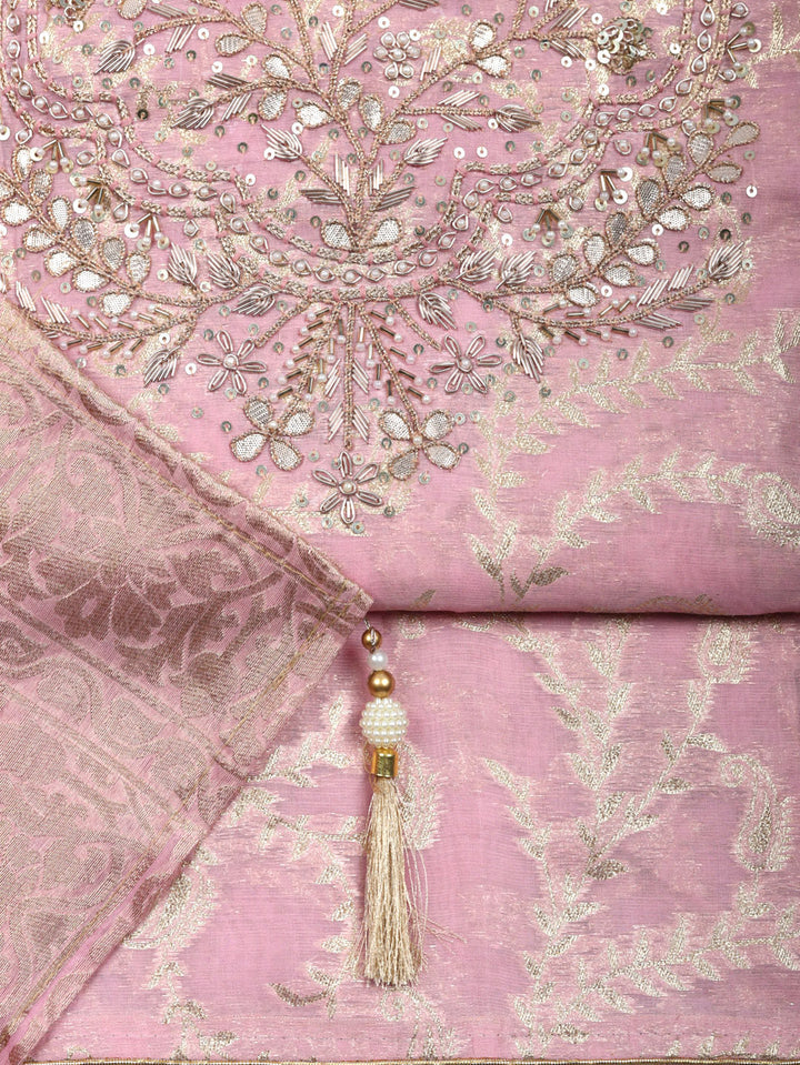 Embroidered Chanderi Unstitched Suit With Pant &amp; Dupatta