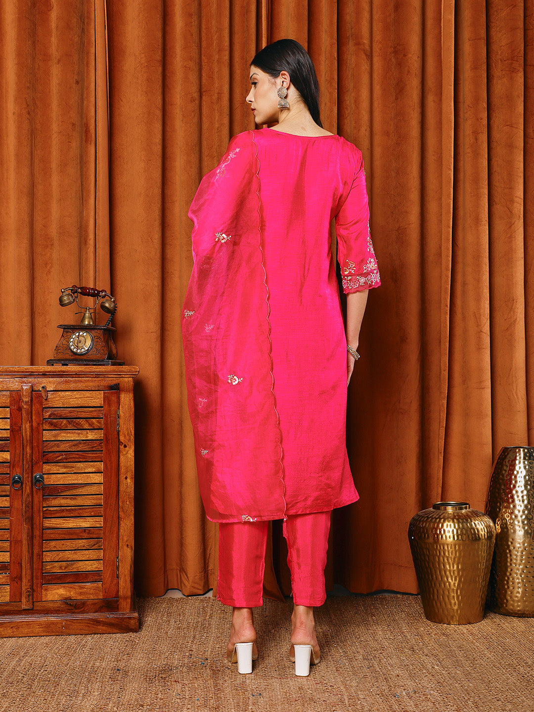 Resham Work Art Silk Kurta With Pants & Dupatta