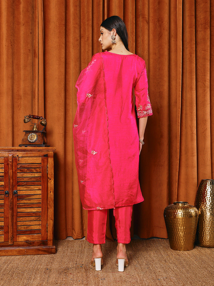 Resham Work Art Silk Kurta With Pants &amp; Dupatta
