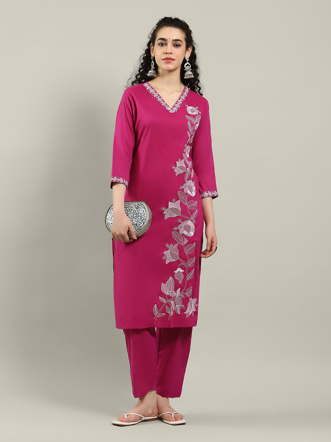 Embroidered Cotton Blend Kurta With Pants