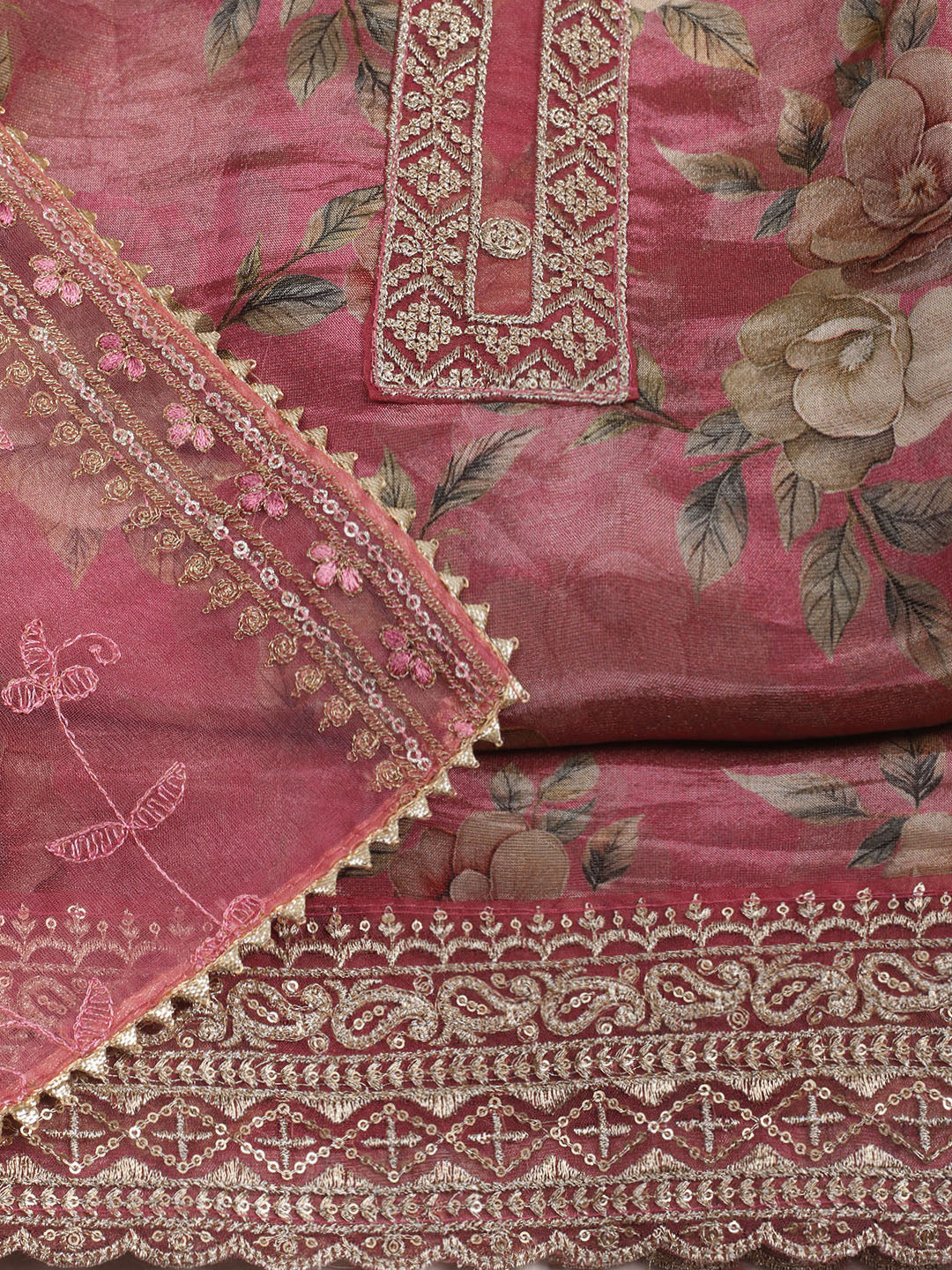 Patch Neck Art Silk Unstitched Suit With Dupatta