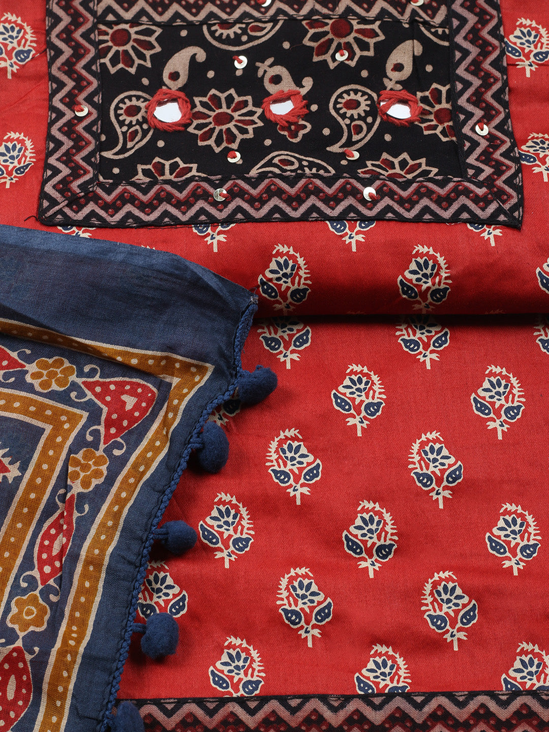 Printed Cotton Blend Unstitched Suit With Pant &amp; Dupatta