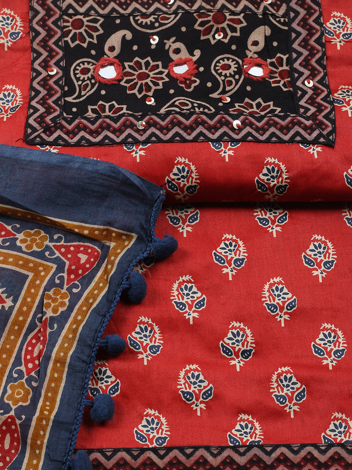 Printed Cotton Blend Unstitched Suit With Pant &amp; Dupatta