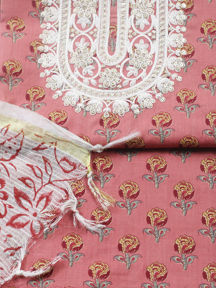 Printed Cotton Blend Unstitched Suit With Pant &amp; Dupatta