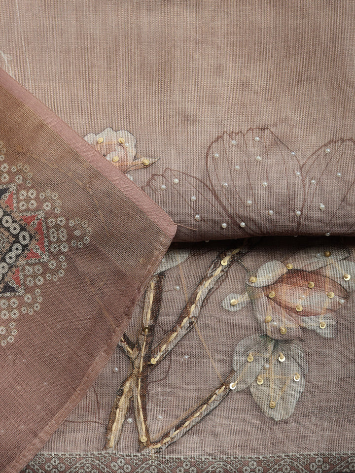 Printed Linen Blend Unstitched Suit With Pant &amp; Dupatta