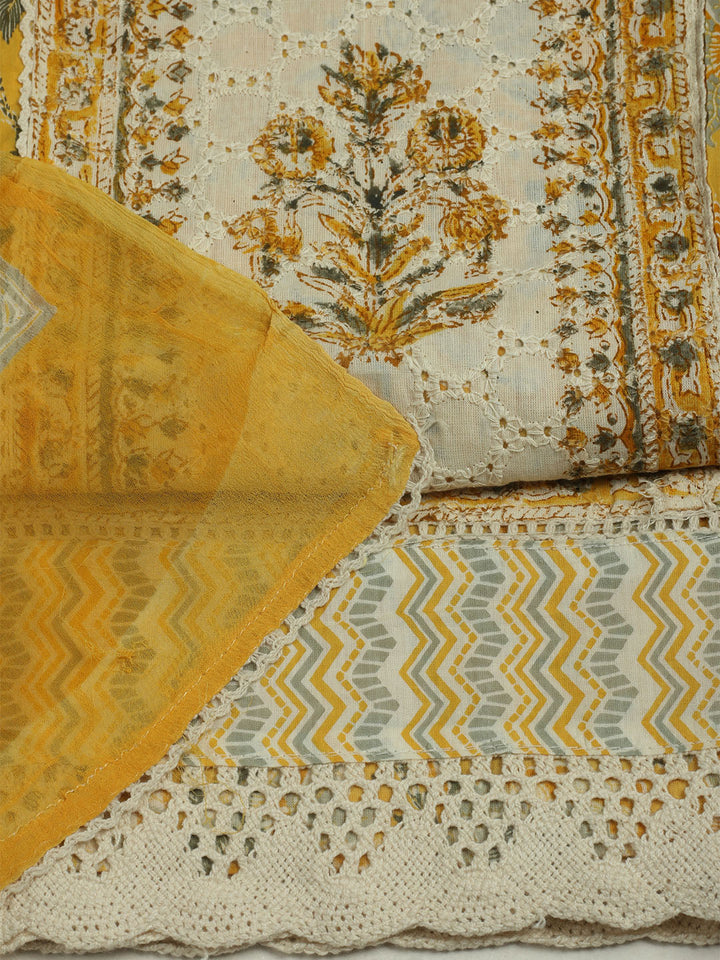 Printed Cotton Unstitched Suit With Pant &amp; Dupatta
