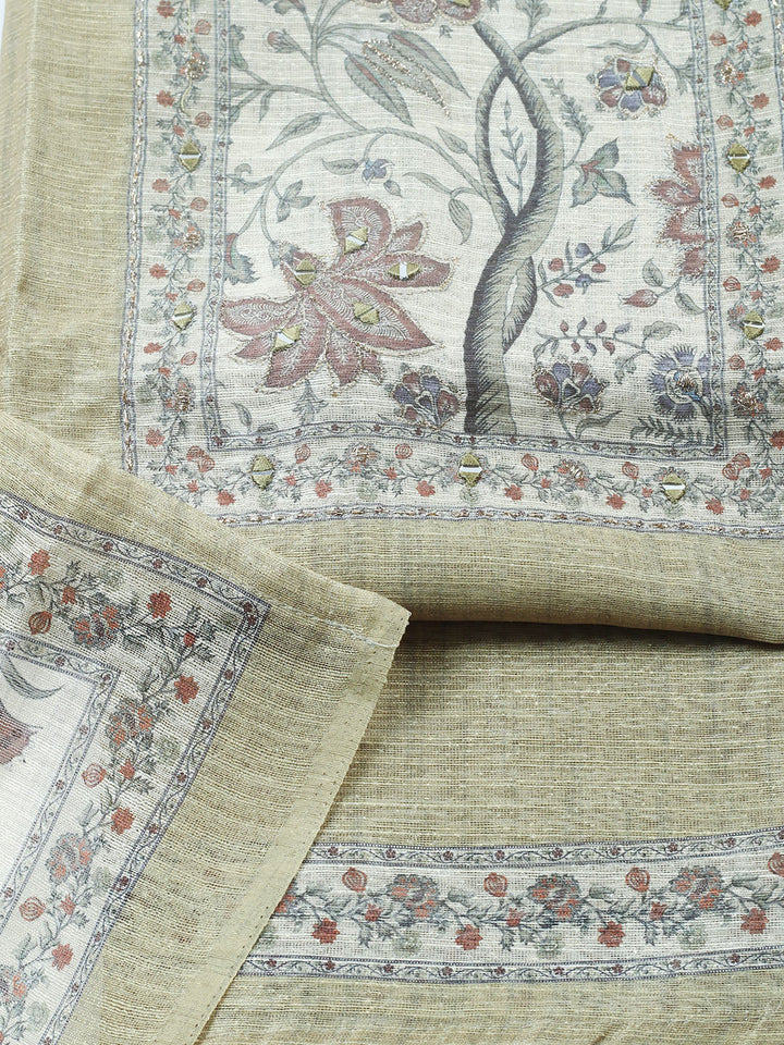 Embroidered Chanderi Unstitched Suit With Pant &amp; Dupatta