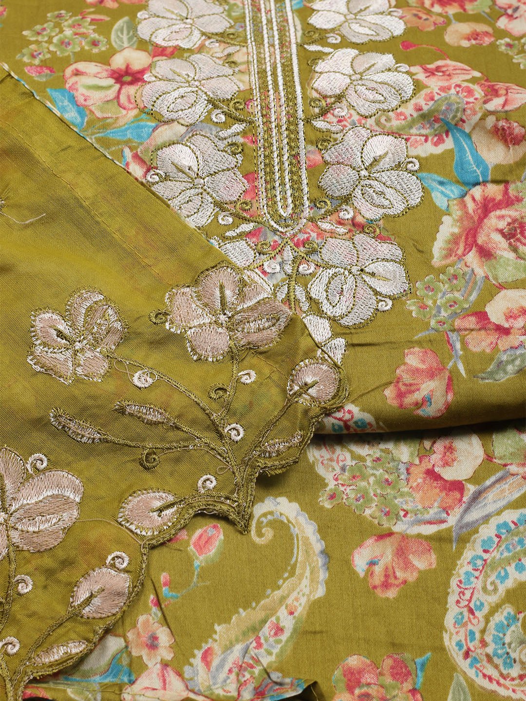 Neck Embroidered Cotton Blend Unstitched Suit With Dupatta