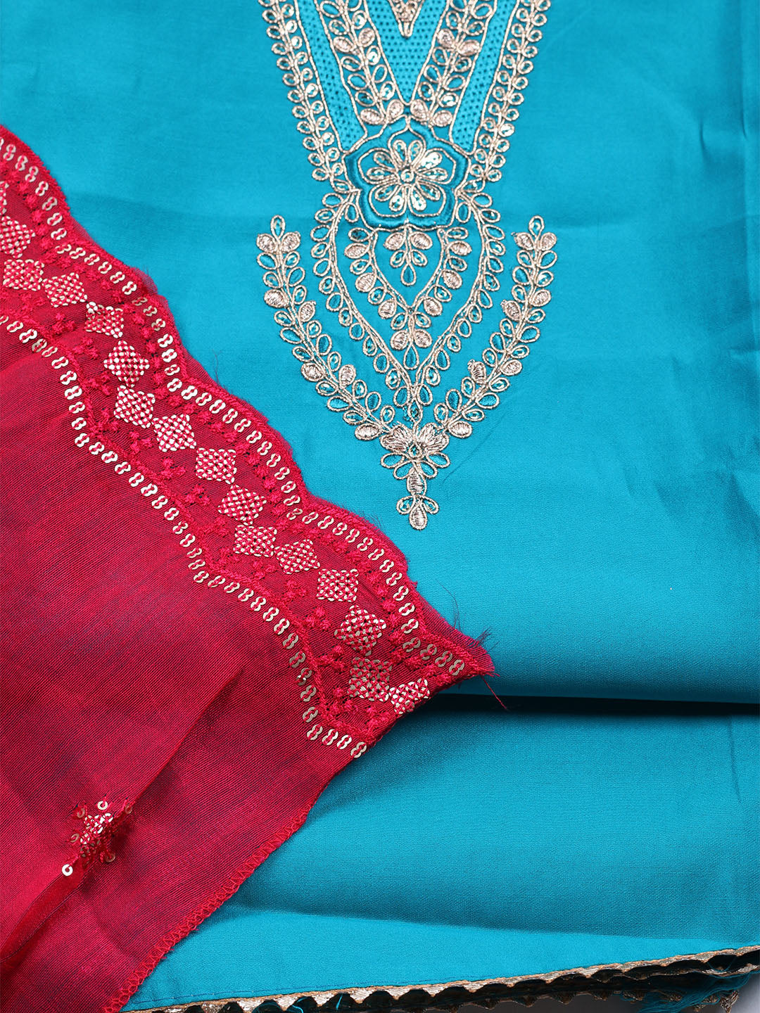 Neck Embroidered Chanderi Unstitched Suit With Dupatta