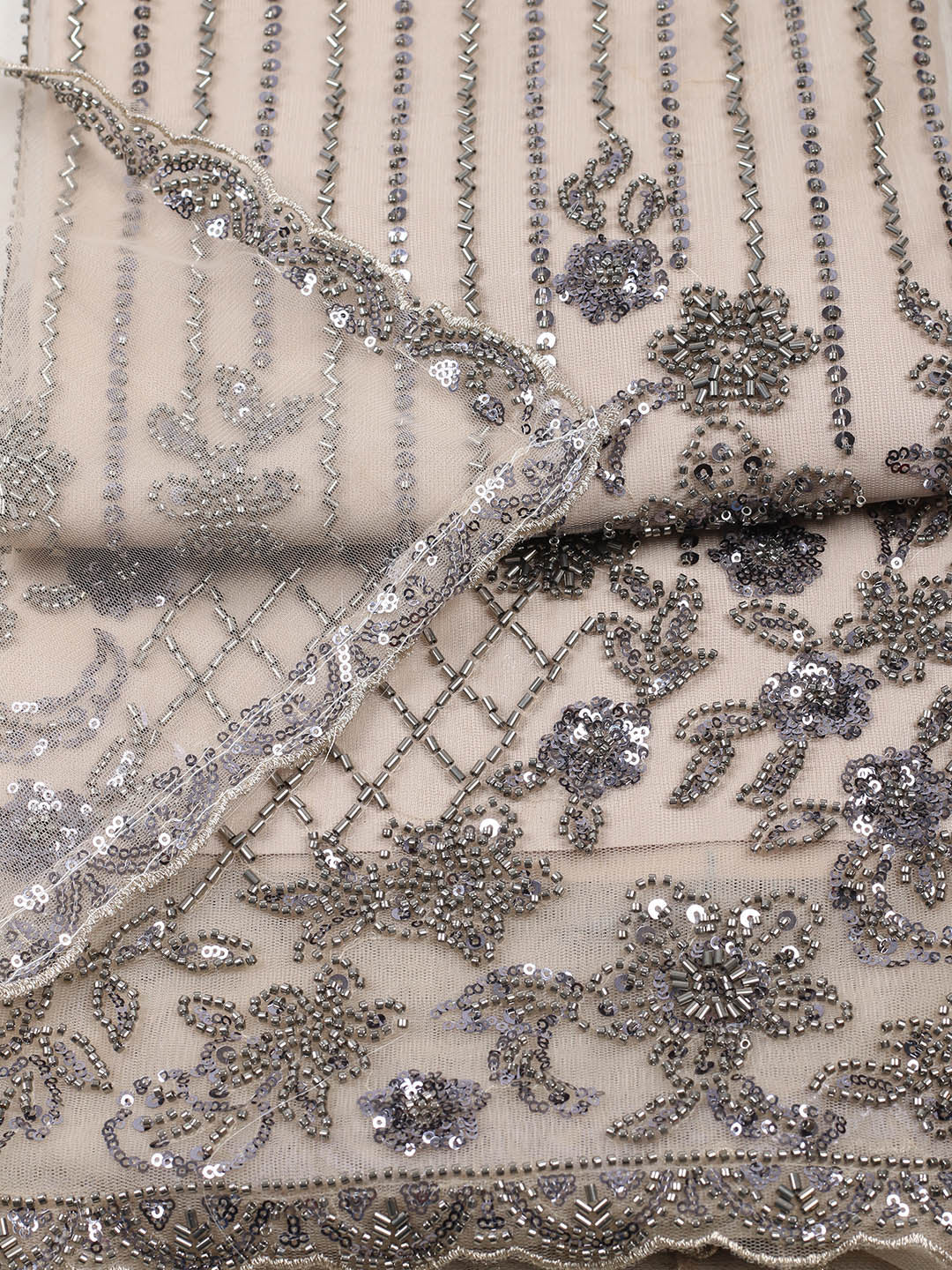 Embroidered Net Unstitched Suit With Pant &amp; Dupatta