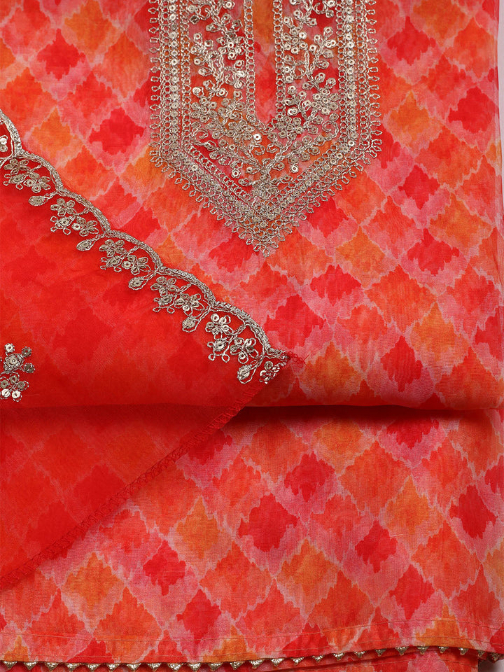 Neck Embroidered &amp; Printed Organza Unstitched Suit With Dupatta