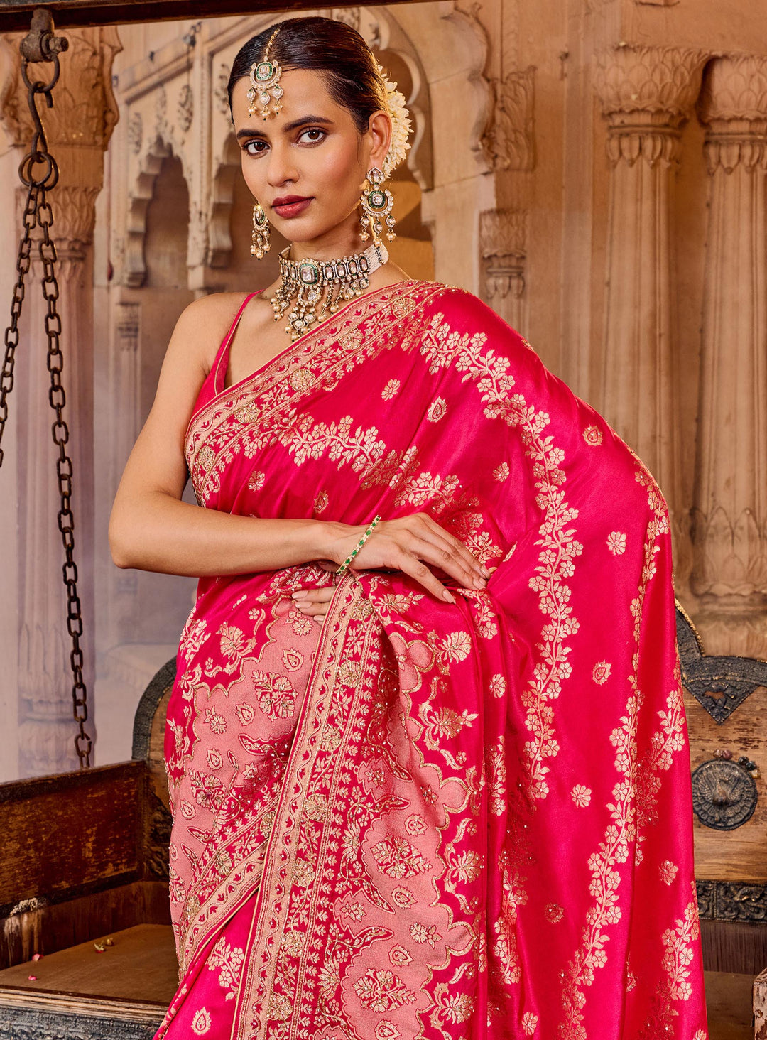 Rani Embroidered Design Dola Silk Saree