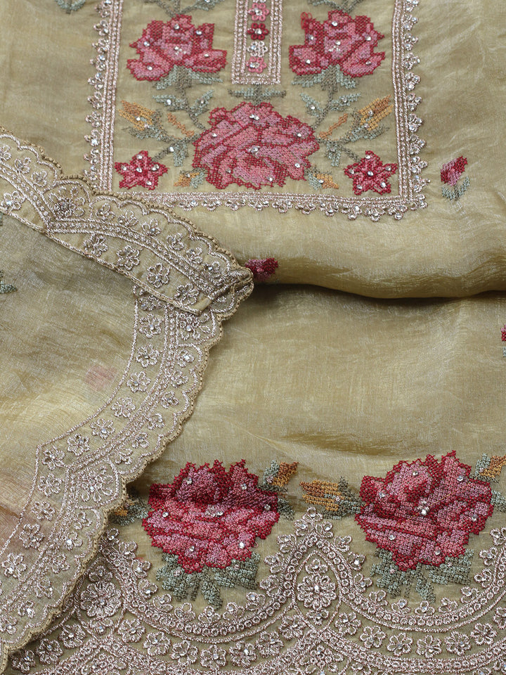 Embroidered Tissue Unstitched Suit With Pant &amp; Dupatta