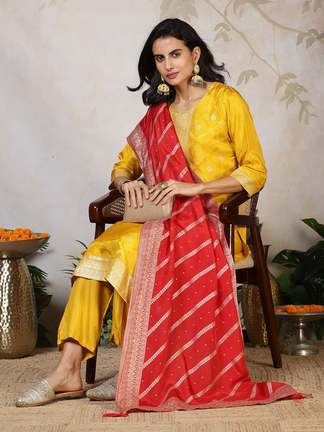 Banarasi Weave Tissue Kurta With Pants & Dupatta