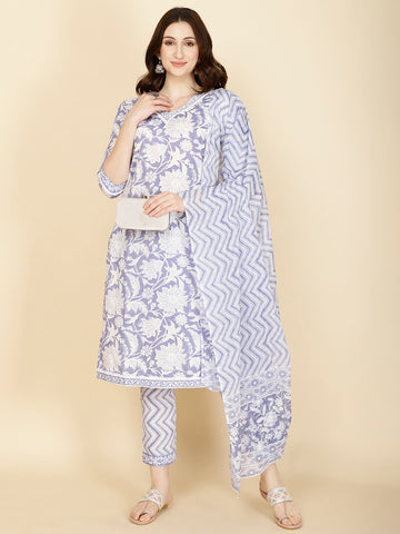 Floral Printed Cotton Kurta With Pants & Dupatta