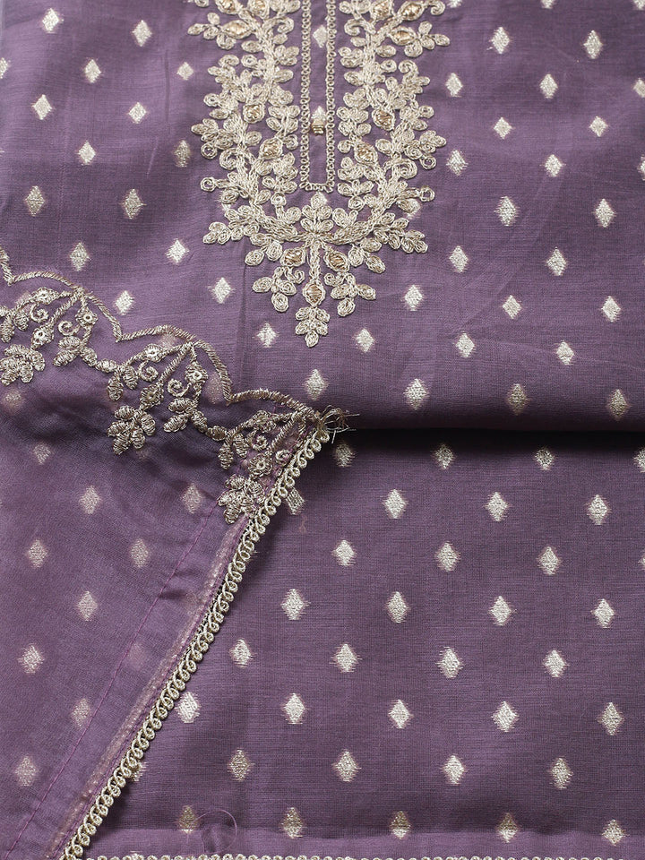 Embroidered Chanderi Unstitched Suit With Pant &amp; Dupatta