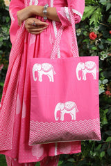 Printed Cotton Kurta With Pants & Dupatta With Bag