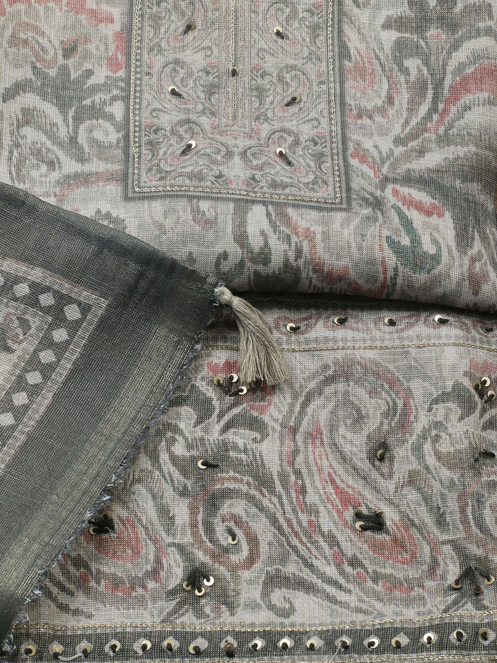 Embroidered Linen Blend Unstitched Suit With Pant &amp; Dupatta