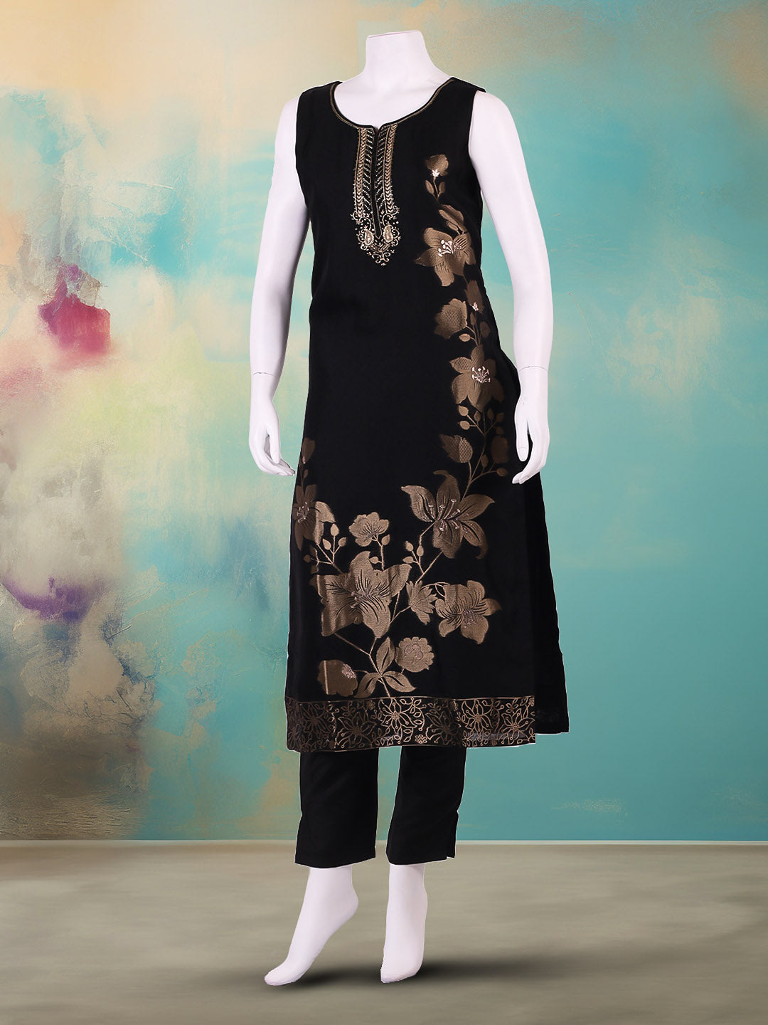 Embroidered Art Silk Suit With Pant &amp; Dupatta