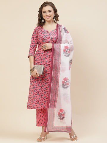 Floral Printed Cotton Kurta With Pants & Dupatta