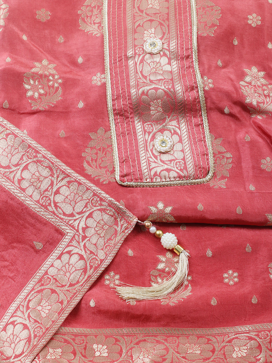 Embroidered Chanderi Unstitched Suit With Pant &amp; Dupatta