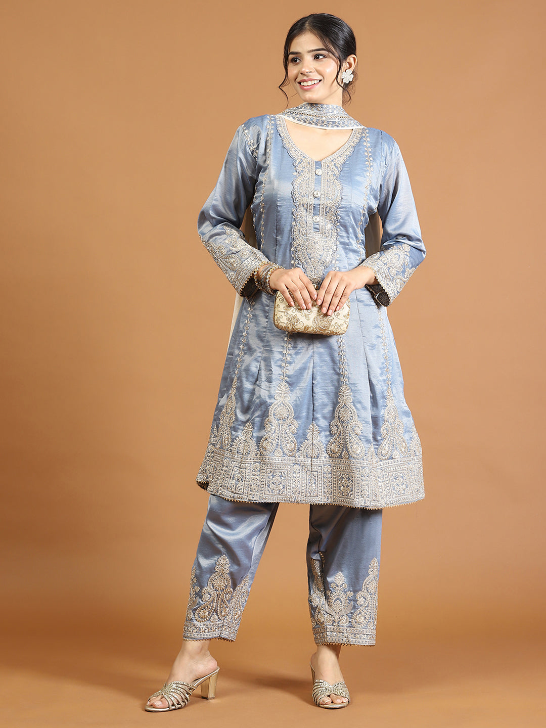 Resham Zari Sequins Work Organza Chinnon Kurta And Kurta