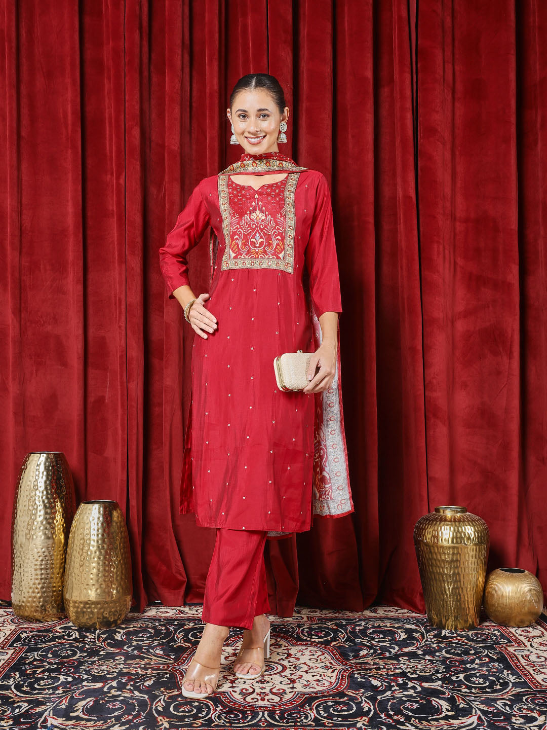 Printed Cotton Blend Kurta With Pants &amp; Dupatta