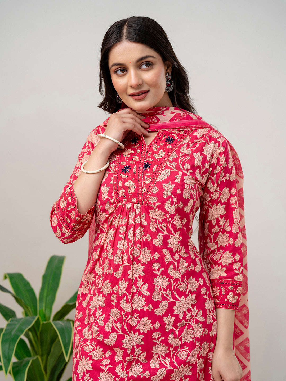 Floral Parinted Cotton Kurta With Pants &amp; Dupatta
