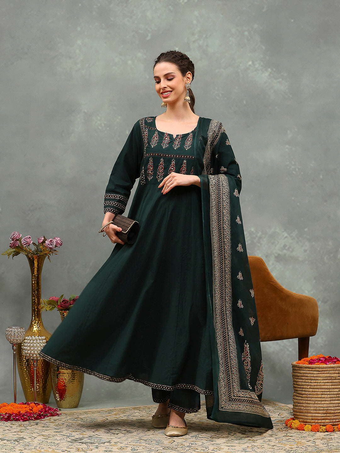 Embroidered Cotton Kurta With Pants & Dupatta