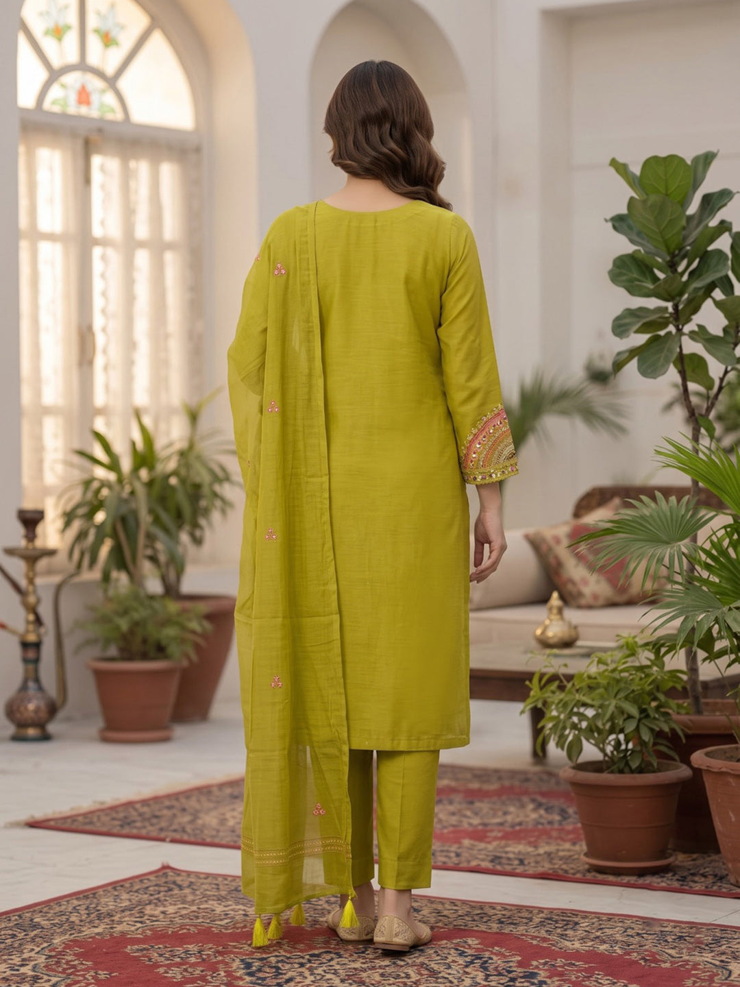 Mustard Embroidred Chanderi Kurta With Pant &amp; Dupatta