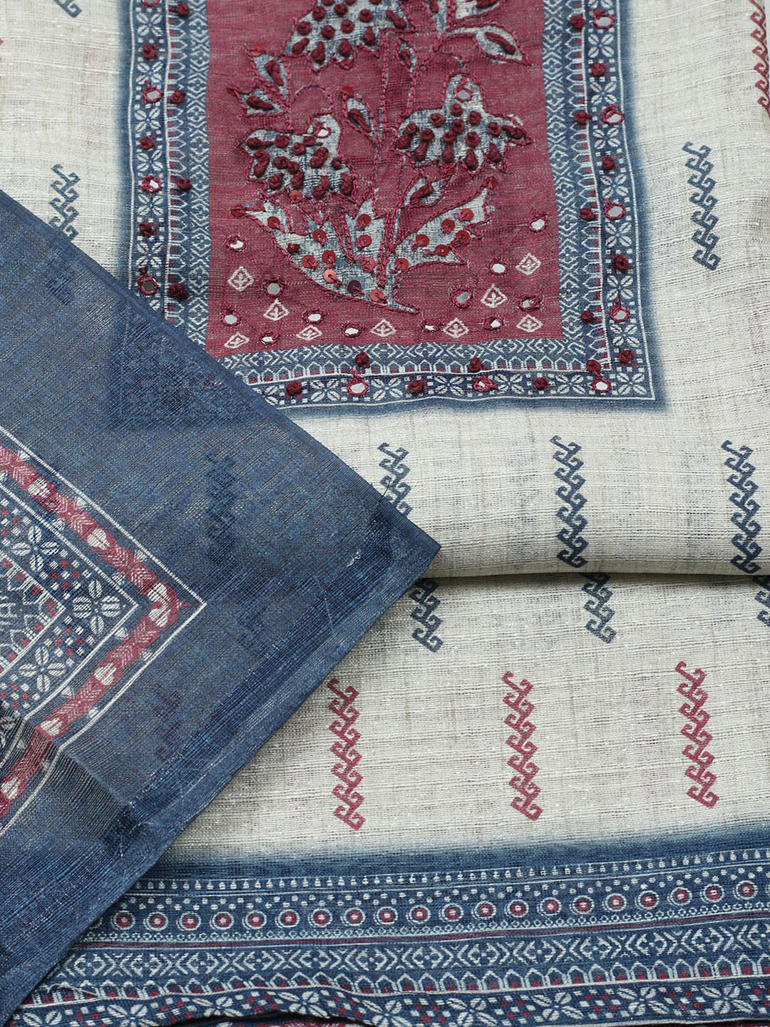 Printed Cotton Blend Unstitched Suit With Pant &amp; Dupatta