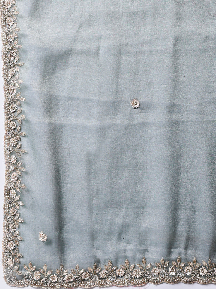 Sequin &amp; Pearl Embroidered Tissue Saree