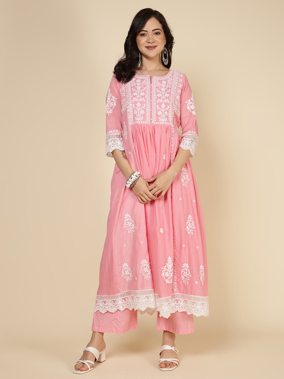 Embroidered Cotton Blend Kurta With Pants & Dupatta