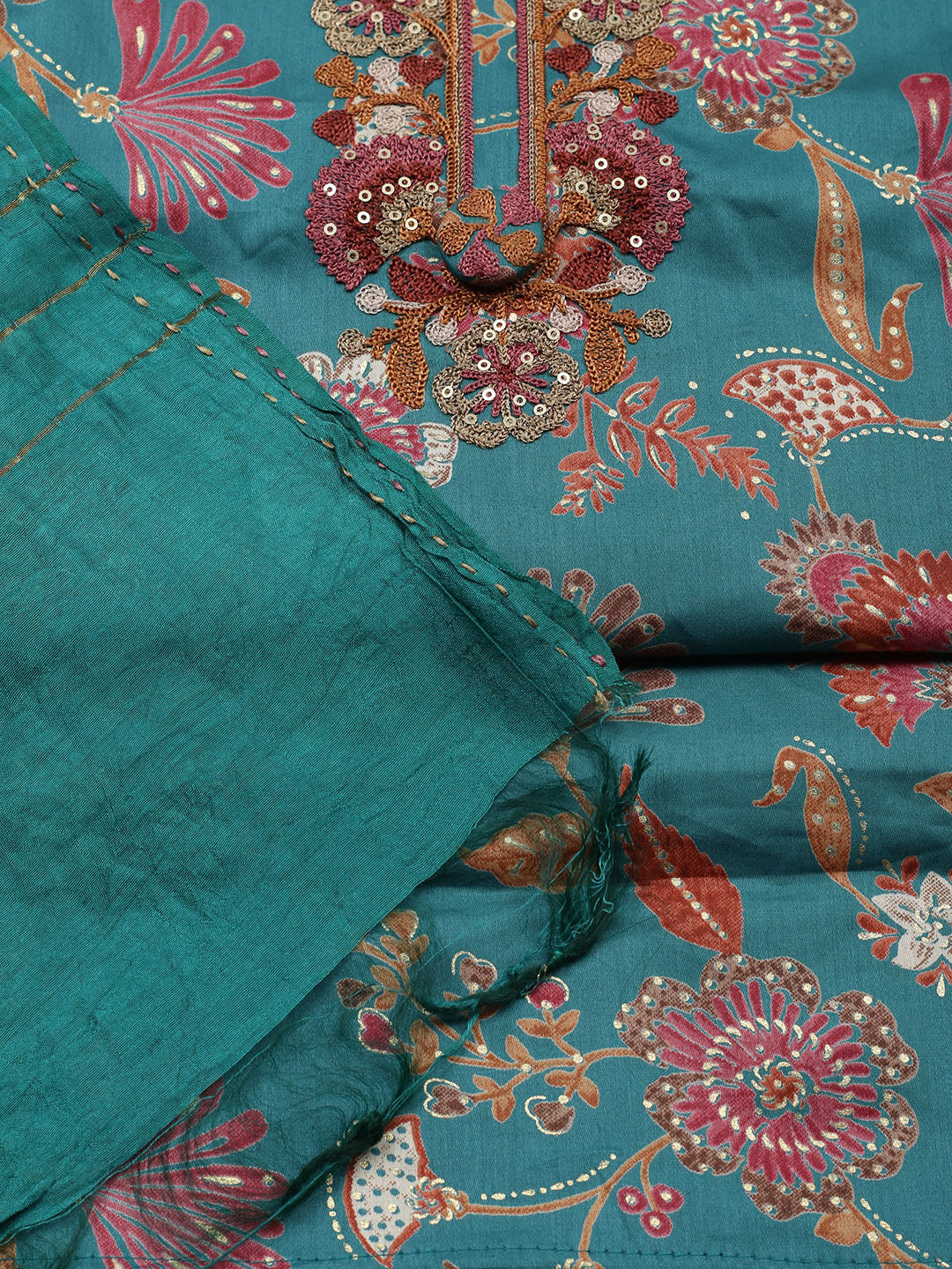 Embroidered Cotton Blend Unstitched Suit With Pant &amp; Dupatta