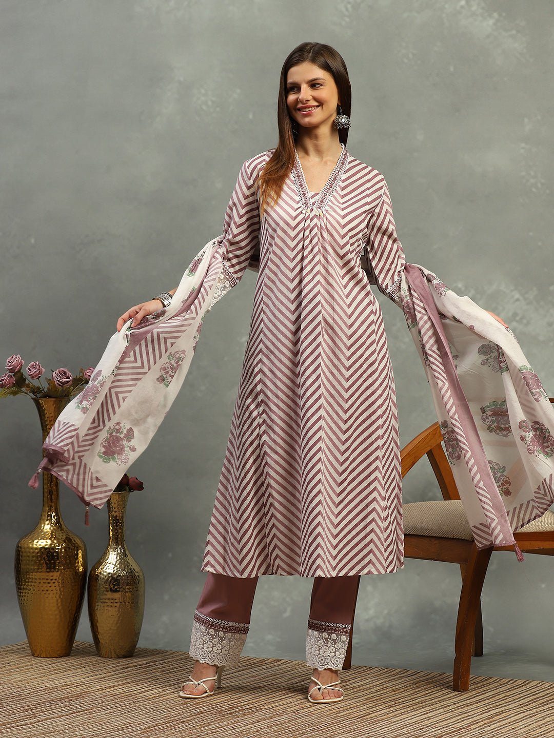 Printed Cotton Blend Kurta With Pants & Dupatta
