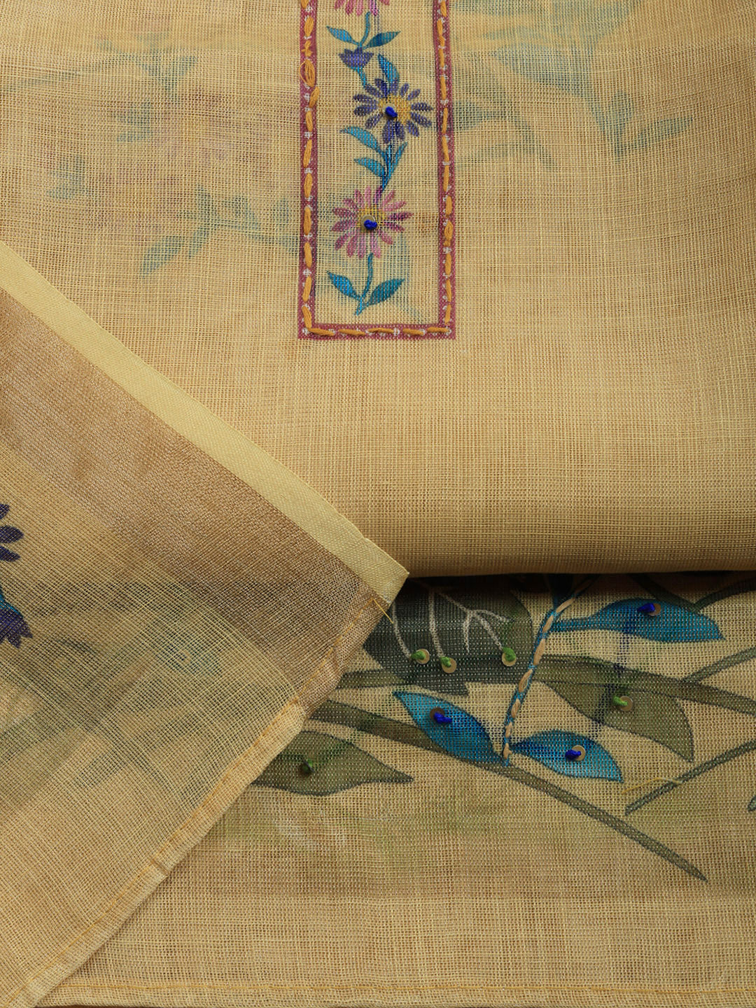 Printed Linen Blend Unstitched Suit With Pant &amp; Dupatta