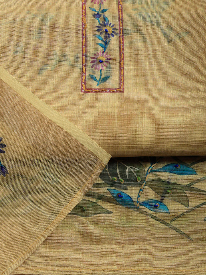 Printed Linen Blend Unstitched Suit With Pant &amp; Dupatta