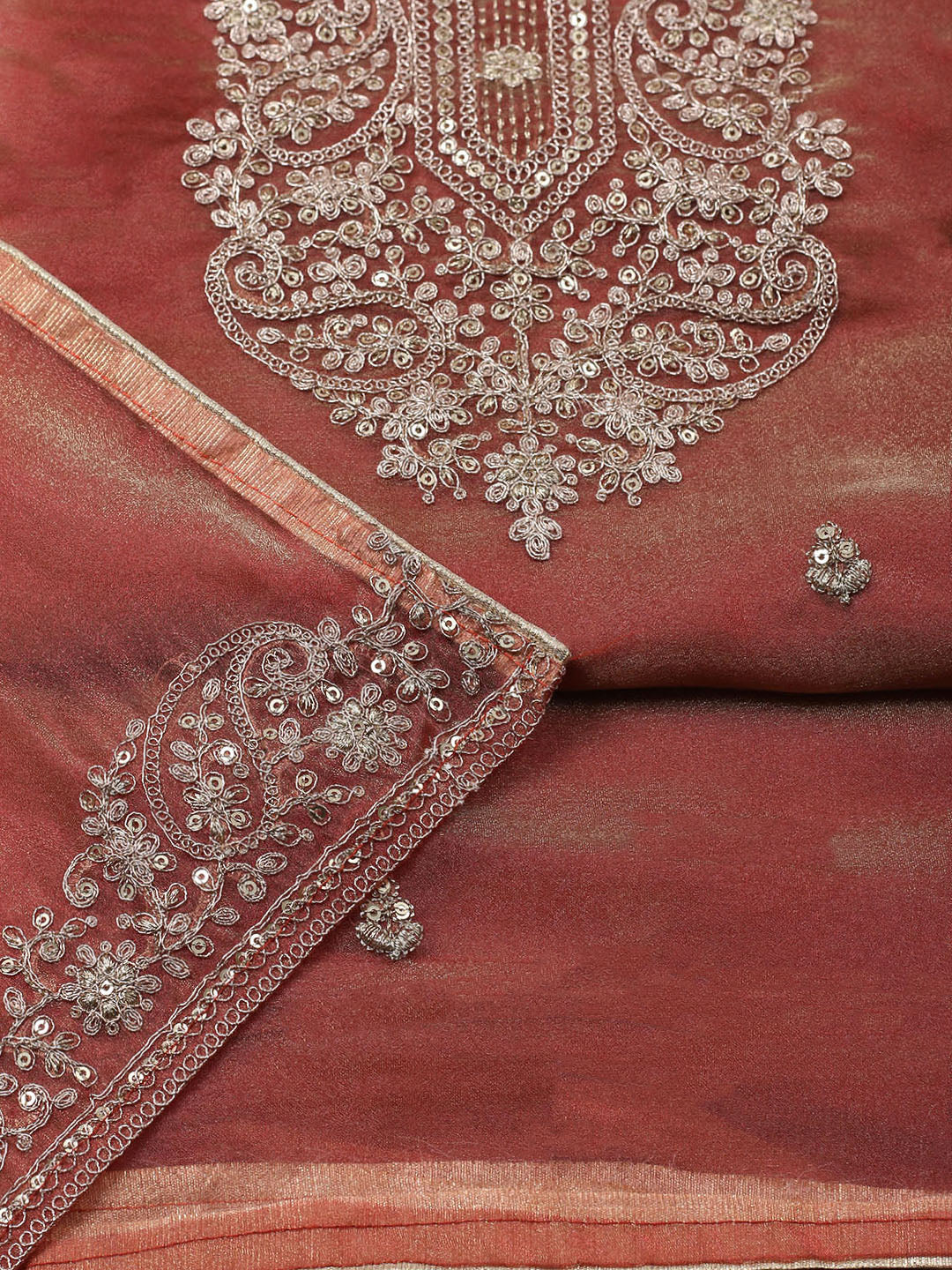 Embroidered Tissue Unstitched Suit With Pant &amp; Dupatta