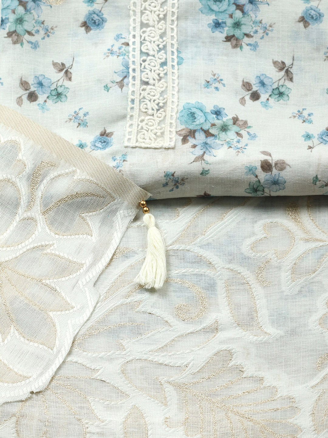 Embroidered Linen Blend Unstitched Suit With Pant &amp; Dupatta