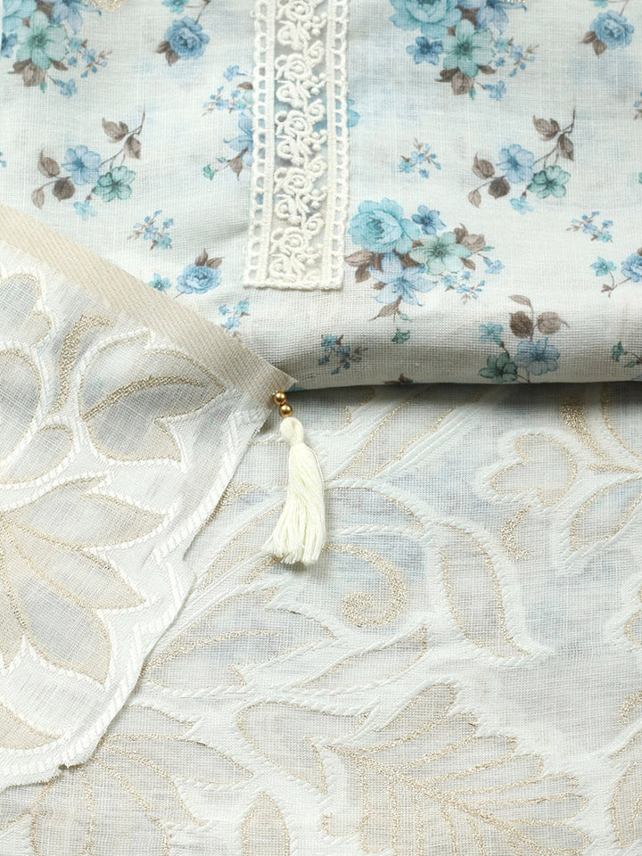 Embroidered Linen Blend Unstitched Suit With Pant &amp; Dupatta