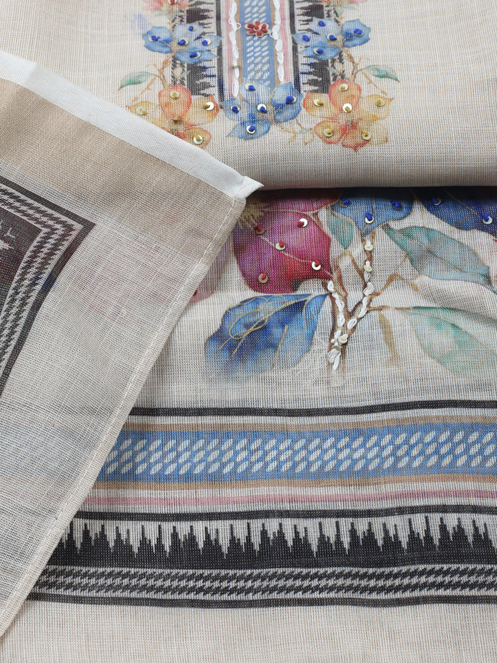 Printed Linen Blend Unstitched Suit With Pant &amp; Dupatta