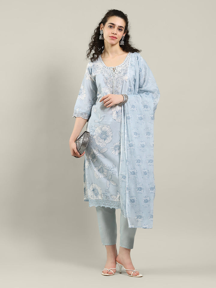 Printed Cotton Blend Kurta With Pants &amp; Dupatta