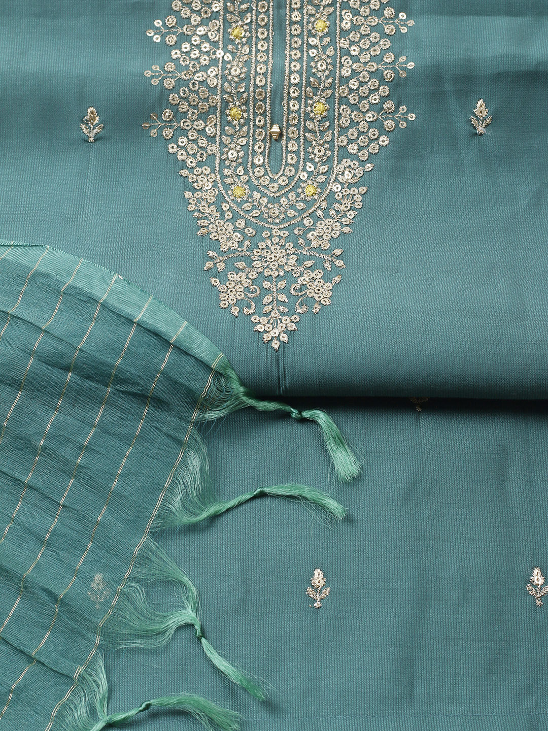 Embroidered Chanderi Unstitched Suit With Pant &amp; Dupatta